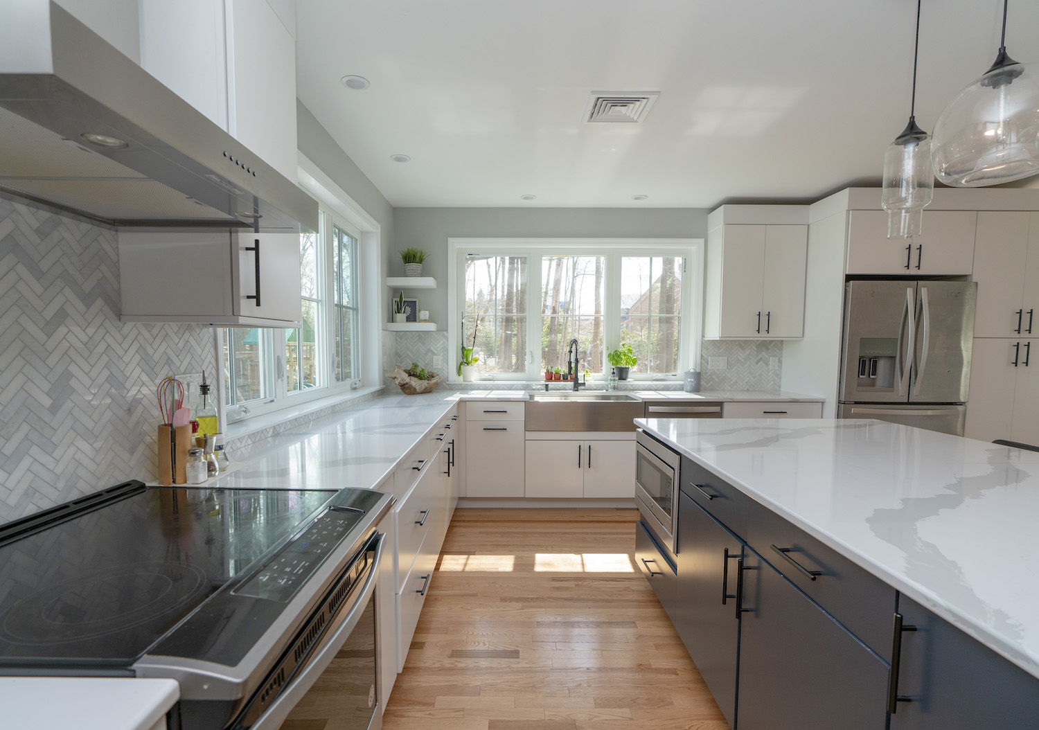new kitchen with white granite countertops